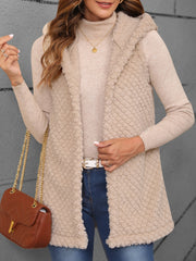 Textured sherpa hooded longline gilet in Dust Storm, open front, cozy casual outerwear.