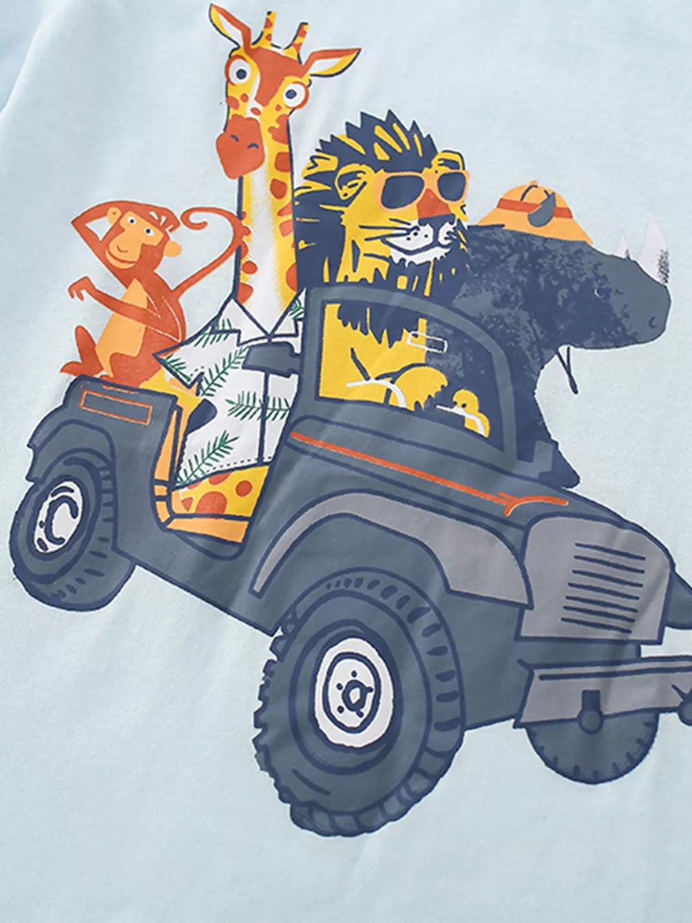 Baby tee with playful safari animals in a jeep graphic, light blue cotton.