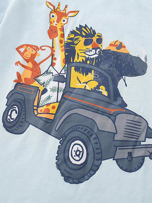 Baby tee with playful safari animals in a jeep graphic, light blue cotton.