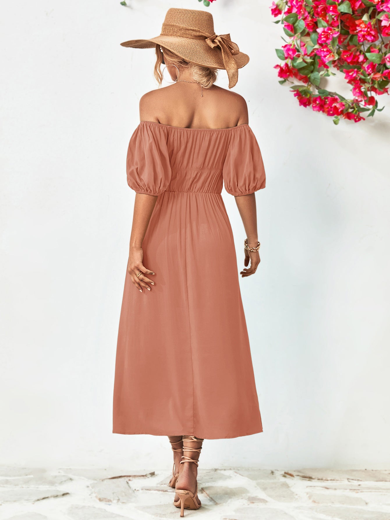 Dusty Pink off-shoulder midi dress with gathered bodice and puff sleeves.