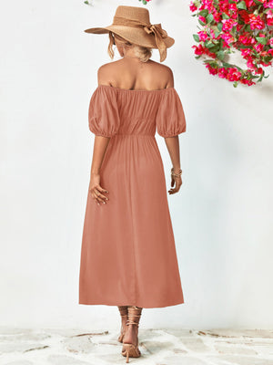 Dusty Pink off-shoulder midi dress with gathered bodice and puff sleeves.