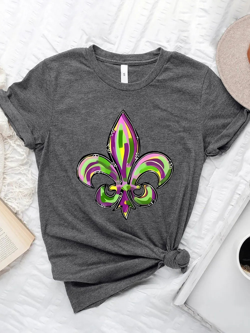 Dark Gray graphic tee with a colorful Mardi Gras Fleur-de-Lis design.