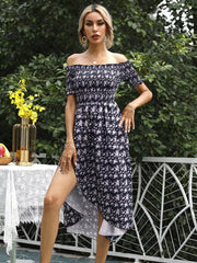 Floral off-shoulder midi dress in Dark Navy with a high slit and smocked bodice.