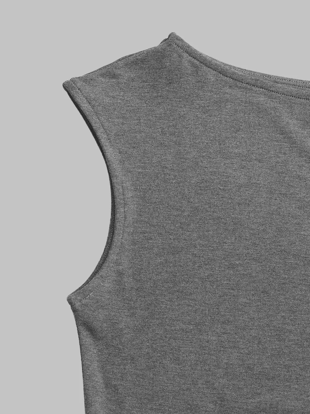 Grey boat-neck sleeveless top with ruching detail and drawstring waist
