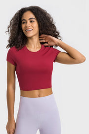 Red ribbed crewneck crop top with short sleeves