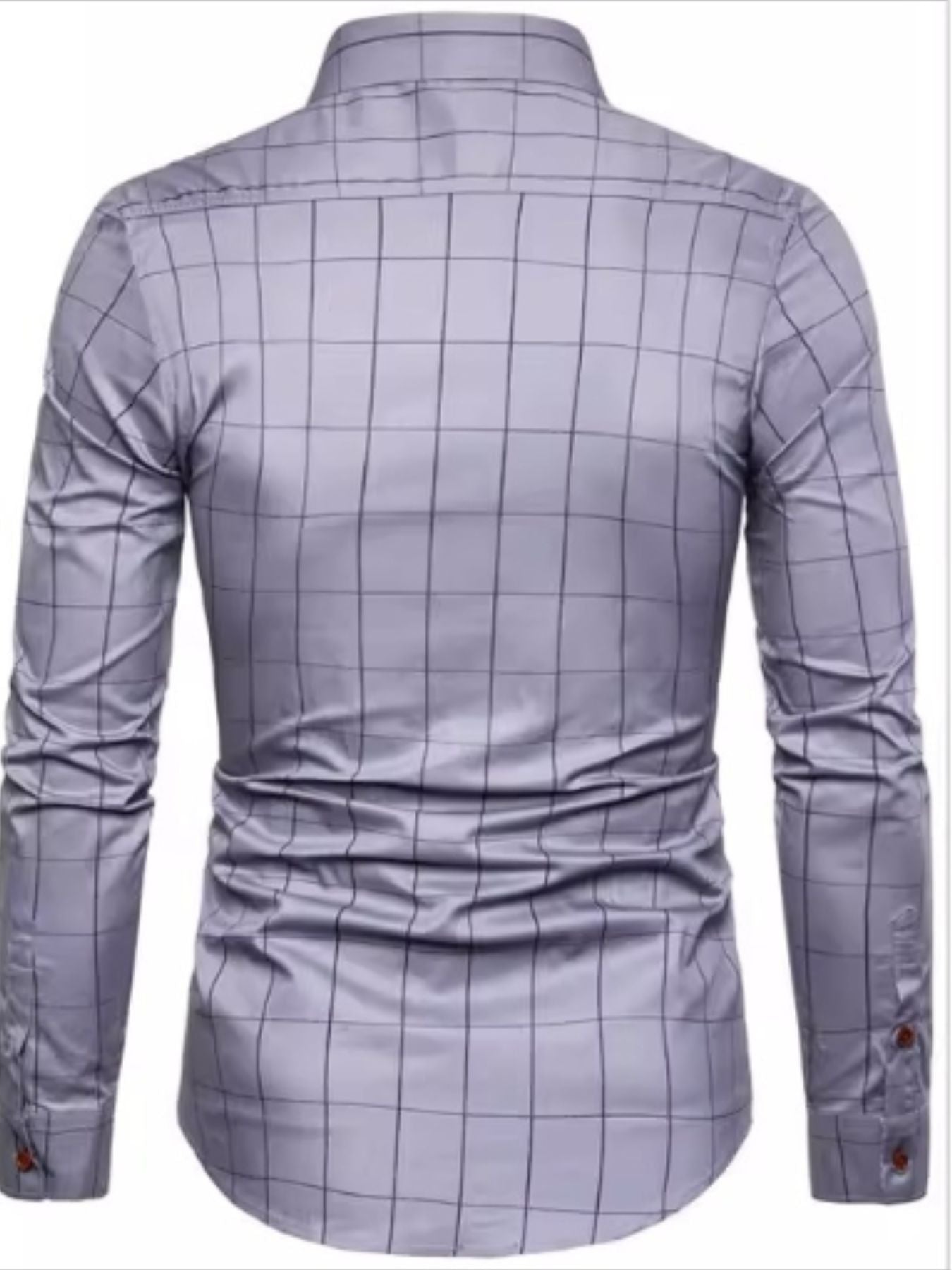 Men's grey long-sleeve button-up shirt with a subtle grid plaid pattern.