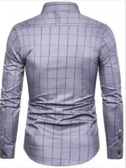 Men's grey long-sleeve button-up shirt with a subtle grid plaid pattern.
