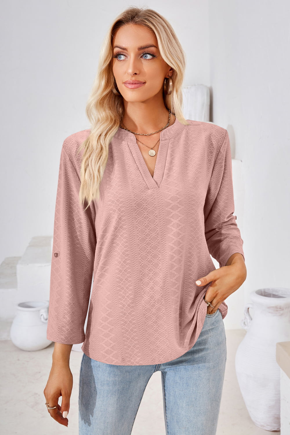Dusty Pink textured Henley blouse with split neck and rolled sleeves