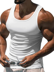 White sculpted scoop neck tank top with a ribbed texture, worn by a muscular man holding sunglasses.