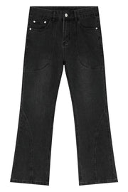Black denim jeans with panel seam detail and straight leg cut