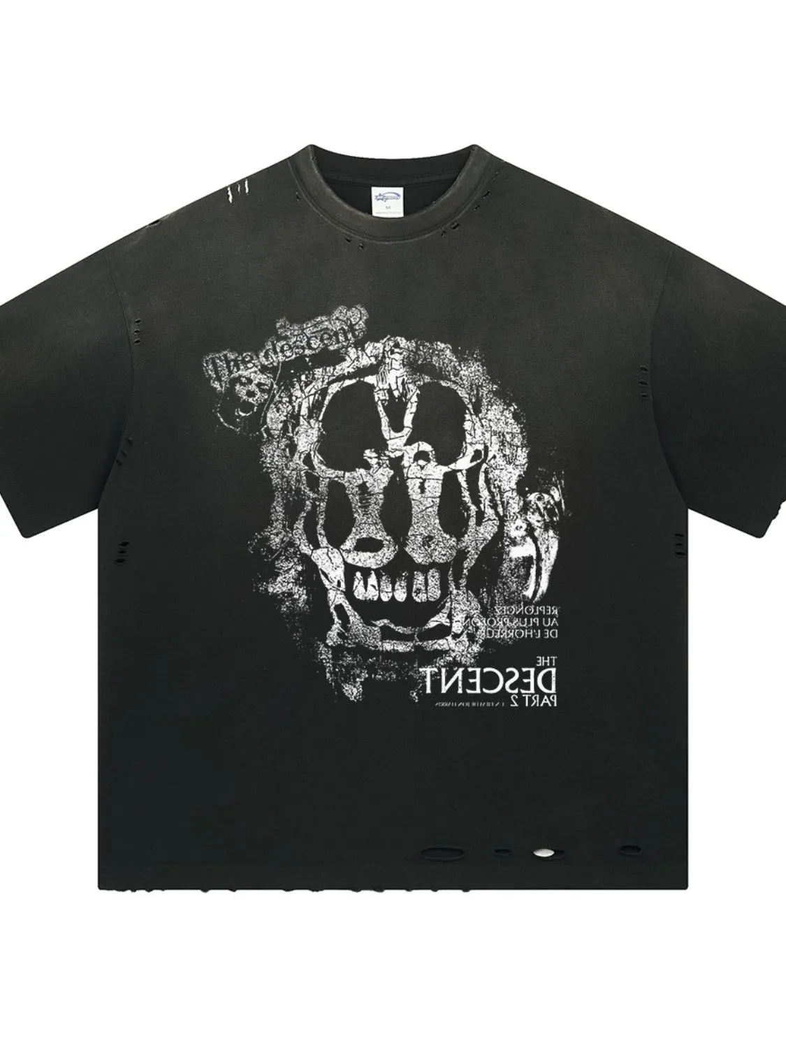 Black distressed graphic tee with skull print and text detail.