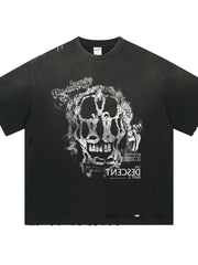 Black distressed graphic tee with skull print and text detail.