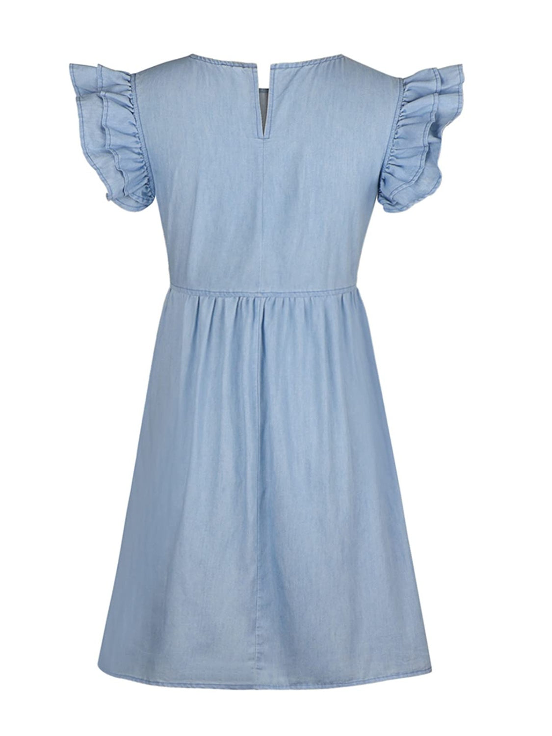 Light blue denim babydoll dress with ruffled short sleeves and a keyhole neckline.