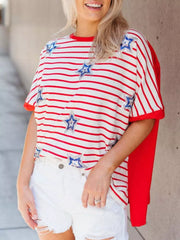 Patriotic sequin star t-shirt with red and white stripes, crew neck, and short sleeves.