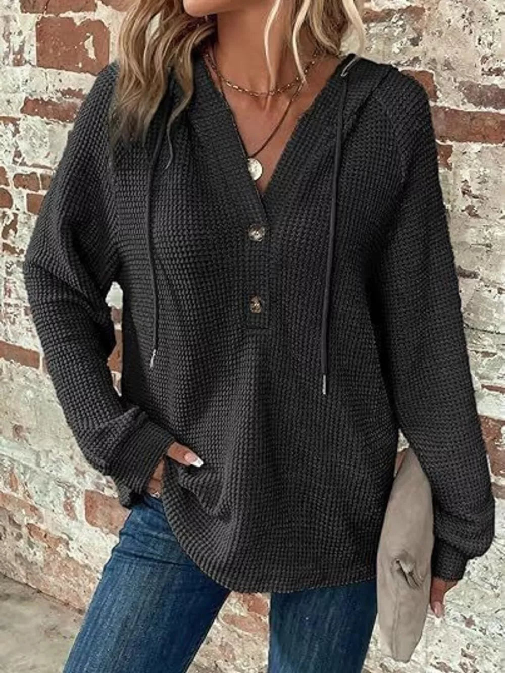 Full Size Waffle Knit Half-button Hoodie Plus Size in Black, close-up detail