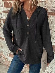 Full Size Waffle Knit Half-button Hoodie Plus Size in Black, close-up detail