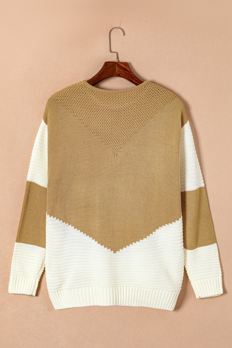 Chroma Chic Roundneck Knit sweater in tan and white colorblock, acrylic knit.