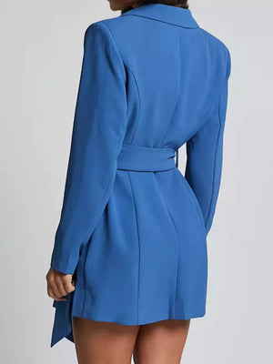 Royal blue belted blazer dress with tie waist detail