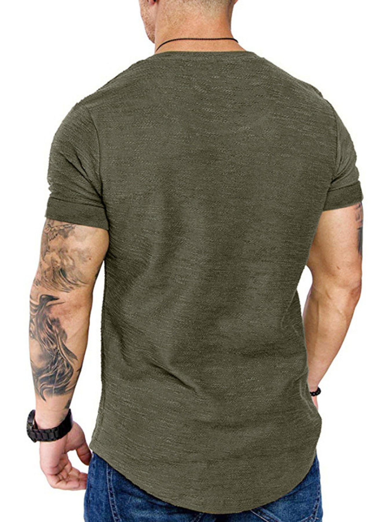 Men's army green slim fit round neck t-shirt with textured fabric