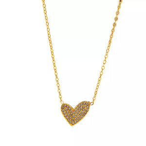Gold necklace with a rhinestone-covered heart pendant