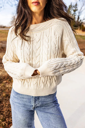 Drop Shoulder Round Neck Cable Knit Sweater in Cream, fabric detail