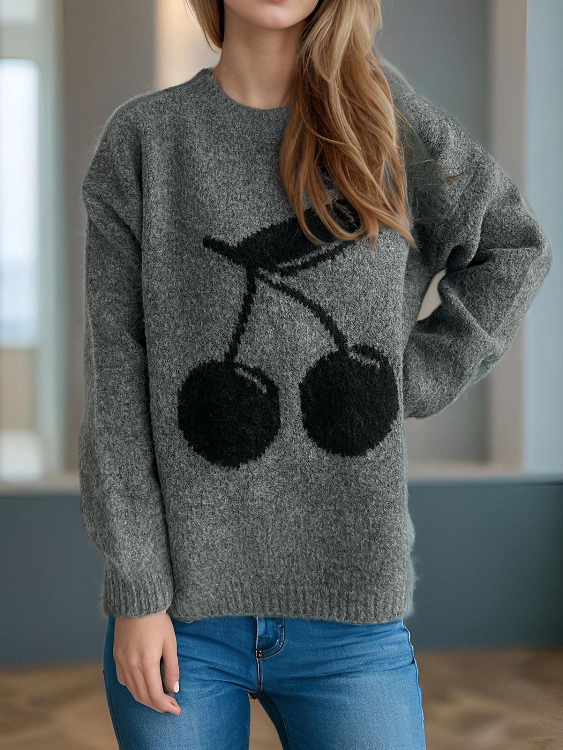 Dark Gray knit sweater with black cherry motif, crew neck, long sleeves, acrylic blend.