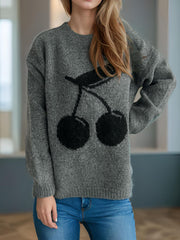 Dark Gray knit sweater with black cherry motif, crew neck, long sleeves, acrylic blend.