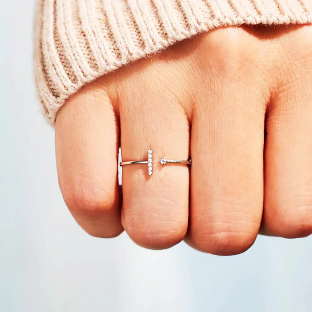 Silver bar and dot ring with pave set stones, open cuff style, 18K gold-plated