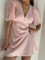 Charming Puff Sleeve Mini Dress With Lace