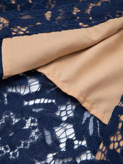 Navy lace midi dress with tan lining detail