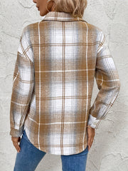 Plaid zip-through utility blouse in camel with a relaxed fit and button cuffs.
