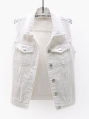 White denim vest with frayed shoulders and distressed details.