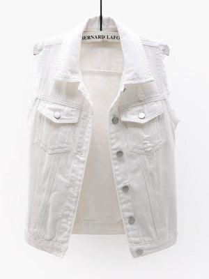 White denim vest with frayed shoulders and distressed details.