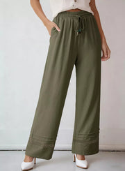 Matcha green relaxed wide-leg maternity pants with drawstring and lace trim detail