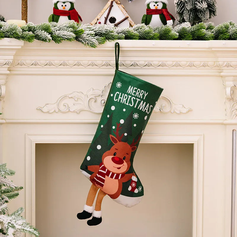 Animated Christmas stocking with 3D reindeer, green with Merry Christmas text and snowflakes.