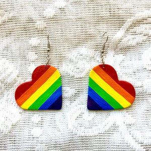 Rainbow heart pride drop earrings with multicolor stripes, alloy hooks