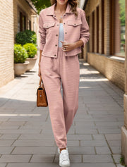 Quilted co-ord set in watermelon pink, featuring a button-up jacket and jogger pants.