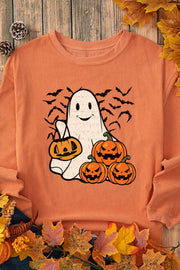Corduroy crewneck sweatshirt in sherbet with a ghost and jack-o'-lantern graphic.