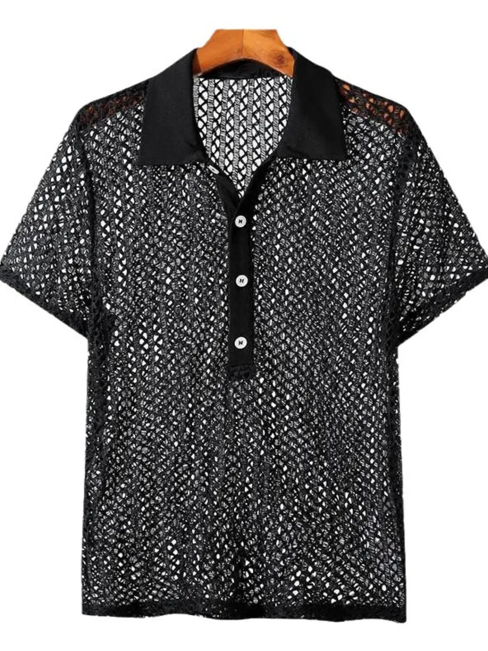 Black openwork short sleeve polo shirt with button placket and collar