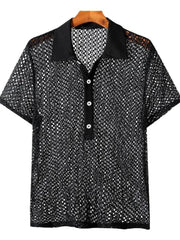 Black openwork short sleeve polo shirt with button placket and collar
