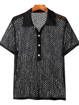 Black openwork short sleeve polo shirt with button placket and collar