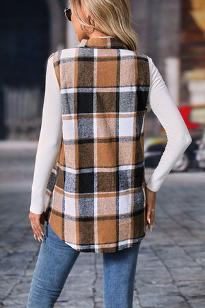 Plaid utility vest in camel, black, white, and gray, made of 100% polyester, with a collared neckline and button closure.