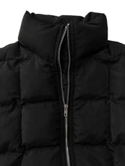 Black quilted bomber jacket with stand collar and silver zipper detail