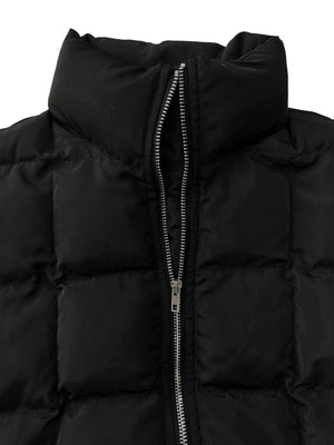 Black quilted bomber jacket with stand collar and silver zipper detail
