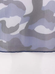 Sheer camouflage long sleeve tee in blue with a mesh texture and finished hem.