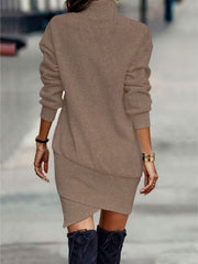 Coffee brown turtleneck mini dress with long sleeves and asymmetrical hem
