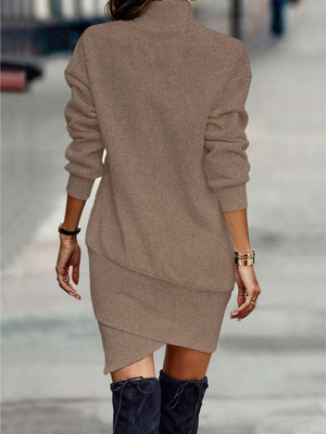 Coffee brown turtleneck mini dress with long sleeves and asymmetrical hem
