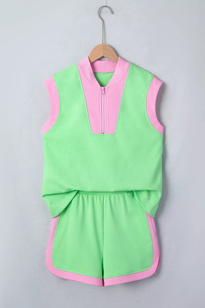 Color Block Half Zip Top & Shorts Set in Neon Green, side view