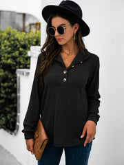 Black long sleeve tee with collar and button detail