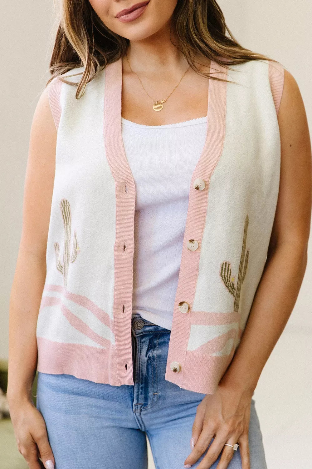 Color Block Cactus Pattern Western Sweater Vest, back view